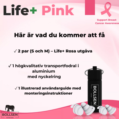 Kvinna sover fridfullt med BOLLSEN Life+ Pink Edition öronproppar – komfort och bullerskydd.