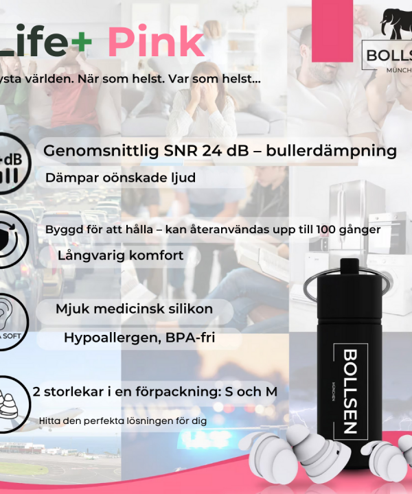 BOLLSEN Life+ Pink Edition-paket – två par öronproppar, aluminiumfodral och monteringsanvisning.