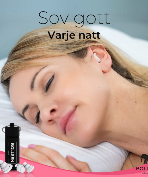 Kvinna sover fridfullt med BOLLSEN Life+ Pink Edition öronproppar – komfort och bullerskydd.