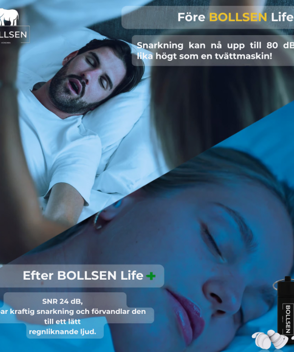 Före och efter användning av BOLLSEN Life+ Pink Edition öronproppar – minska snarkning och sov lugnt.