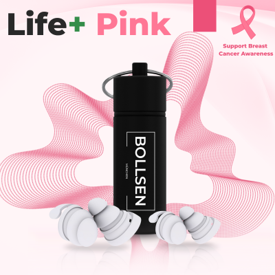 BOLLSEN Life+ Pink Edition silikonöronproppar för sömn med mjukrosa design och aluminiumfodral.