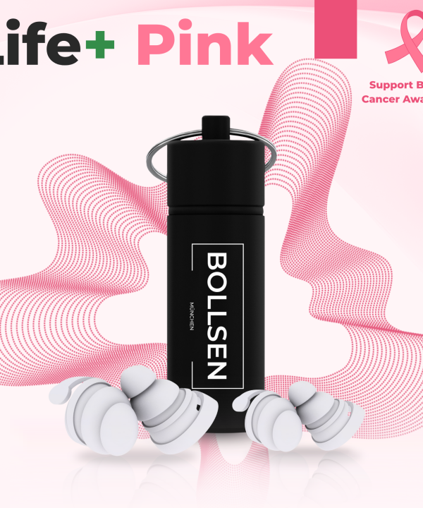 BOLLSEN Life+ Pink Edition silikonöronproppar för sömn med mjukrosa design och aluminiumfodral.